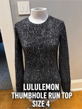 Lululemon Black White Speckled Long Sleeve Running Top Thumbholes Size 4